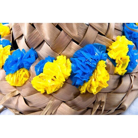 Vtg 1967 Hat Men’s Hawaiian Handmade Palm Frond Woven Blue Yellow 8″ x 11 1/2″ - Picture 2 of 2